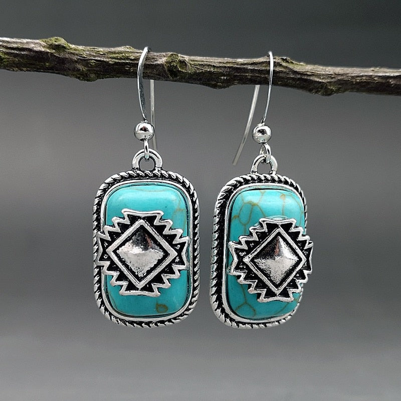 Boho Dangle Earrings for Women Vintage Selenite Turquoise Drop Earrings Ethnic Retro Pendant Ear Hook Beach Party Jewelry Gift